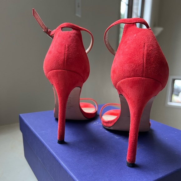 Stuart Weitzman Nudistsong Pimento Suede Strappy Stilettos Size 7 Woman’s - Picture 4 of 9